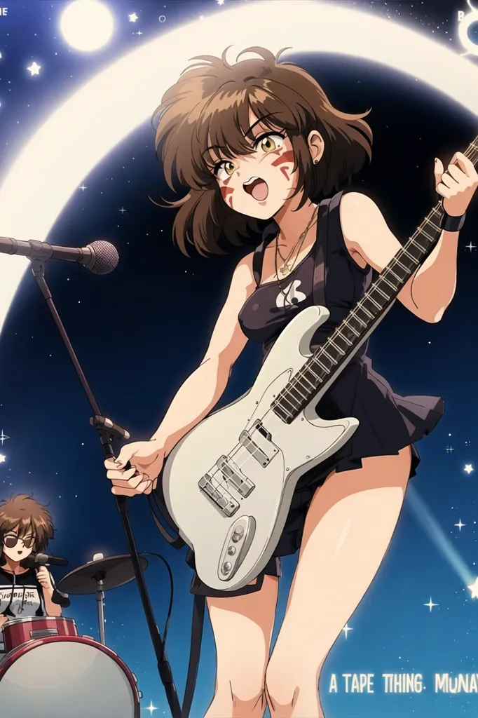 This is an illustration of two people playing music. A woman is in the foreground, and a man is in the background. The woman is playing an electric guitar, and the man is playing the drums. The woman is wearing a black tank top and a short black skirt. She has brown hair and brown eyes. She is singing into a microphone. The man is wearing a black T-shirt and jeans. He has short brown hair and brown eyes. He is playing the drums with his right hand and a drumstick in his left hand. There are stars in the background, and the moon is in the top left corner.