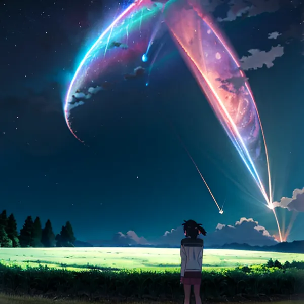 The image shows a girl standing in a field of grass, looking up at a night sky lit up by a glowing comet. The comet is long and has a colorful tail, and it is streaking across the sky. The girl is standing in a field of grass. There are also some trees and mountains in the background. The sky is dark and there are some clouds in the sky. The girl is wearing a white shirt and black pants. She has short brown hair. The image is peaceful and serene, and it captures the beauty of the night sky.