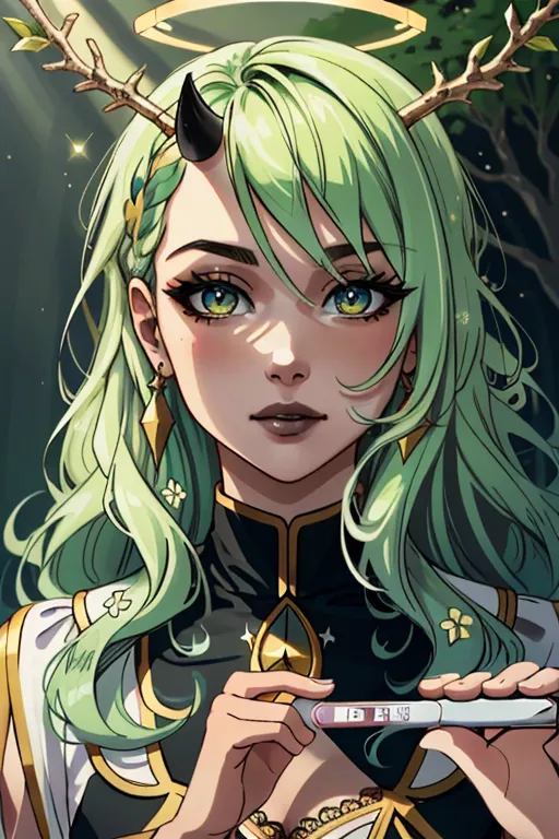 The image is of a beautiful anime girl with long green hair and green eyes. She has deer-like antlers on her head and is wearing a white and gold dress. She is holding a pregnancy test that reads \