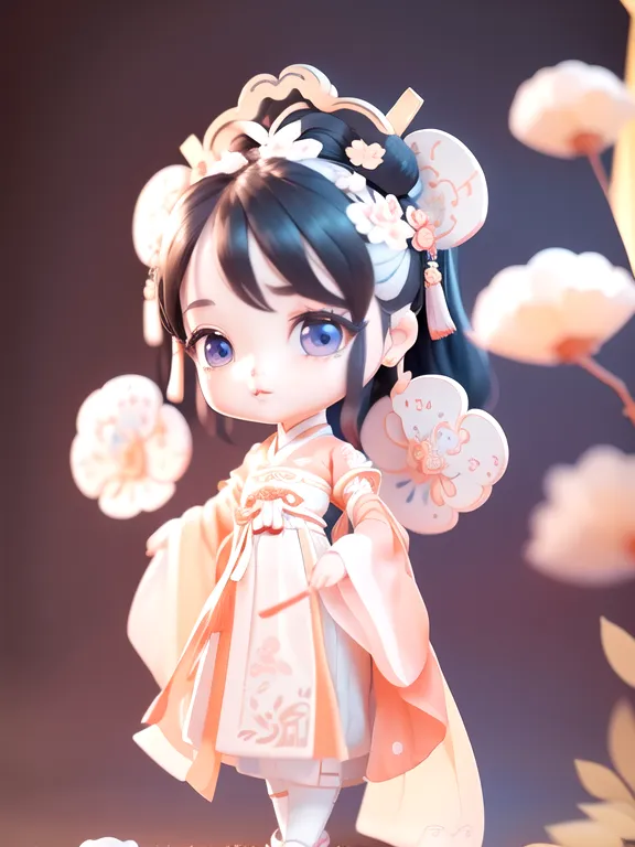 The image shows a chibi girl with black hair and blue eyes. She is wearing a pink and white dress with a white and gold fan in her hair. She is standing in a field of white and pink flowers, and there is a pink butterfly on her finger. The background is a gradient of pink and purple, and there are some white clouds in the sky. The image is very cute and has a soft, dreamy feel to it.