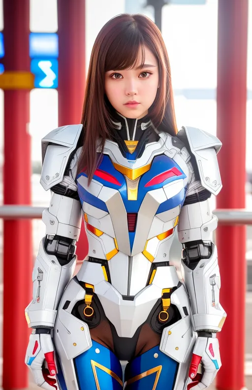 This is an image of a young woman standing in a futuristic setting. She is wearing a white, blue, and red armored suit with a clear helmet. The suit has various technological details, such as lights and buttons. The woman has long brown hair and brown eyes. She is looking at the viewer with a serious expression. The background of the image is blurred and consists of a city.