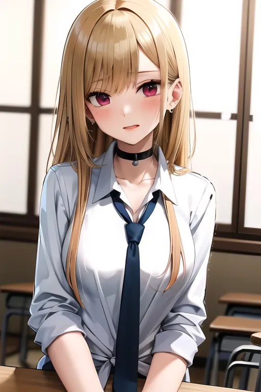 The image shows a young woman with long blonde hair and purple eyes. She is wearing a white dress shirt and a black tie. She is sitting in a classroom, and there are empty desks around her. The light from the windows is shining in on her, and she has a gentle smile on her face.