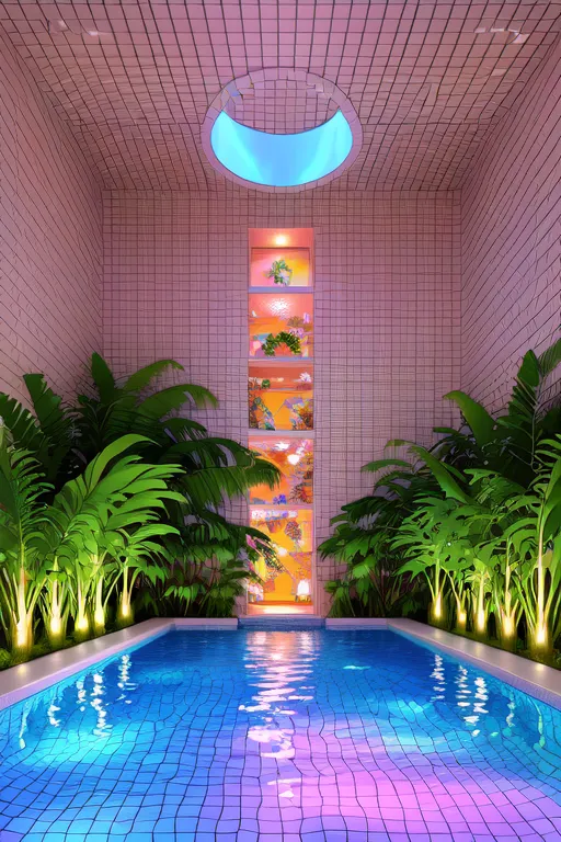 The image is a 3D rendering of a swimming pool. The pool is surrounded by pink and white tiles. The water in the pool is blue and crystal clear. There are palm trees and other tropical plants growing around the pool. There is a large window in the back of the pool area that lets in natural light. The image is very relaxing and peaceful.