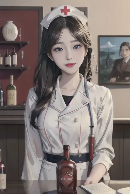 The image shows a young woman with long brown hair and brown eyes. She is wearing a white nurse's uniform with a red cross on her hat. She is standing in a bar or restaurant, and there is a bottle of wine on the counter in front of her. There is a picture of two men on the wall behind her.