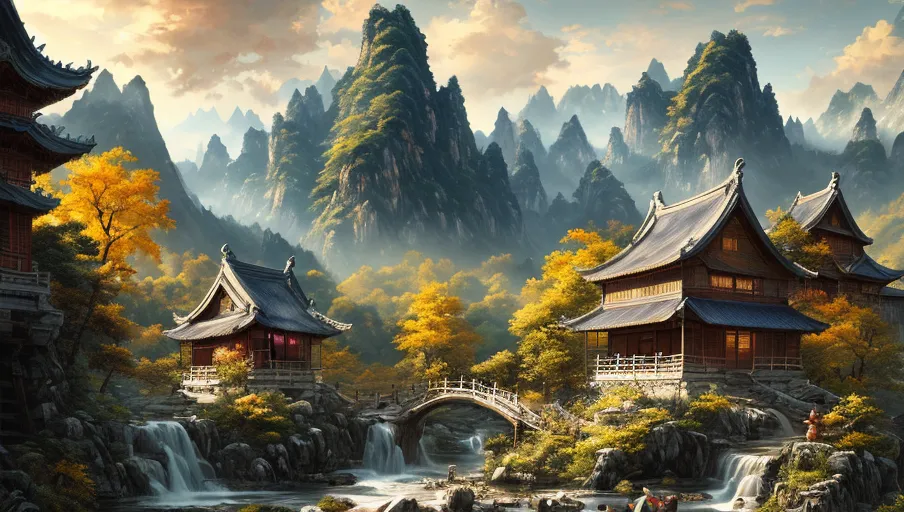 The image is a beautiful landscape painting in the style of Chinese art. It depicts a mountain valley with a river running through it. The mountains are covered in lush green trees and the valley is filled with colorful flowers. There are two houses in the valley, both of which are built in the traditional Chinese style. A bridge crosses the river in the middle of the valley. The painting is done in muted colors and has a very peaceful and serene feel to it.