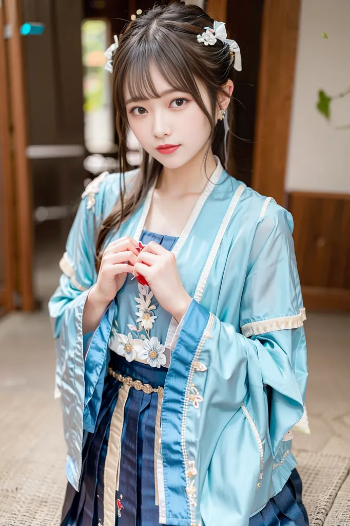 The image shows a young woman wearing a blue and white traditional Chinese dress with white and pink flowers in her hair. She is looking at the camera with a shy expression on her face and has her hands together in front of her chest. The background is blurry and looks like a traditional Chinese room.