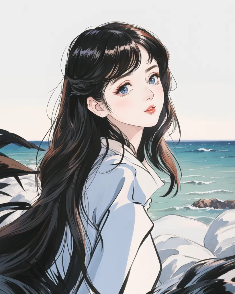 The image is a digital painting of a young woman with long black hair and blue eyes. She is wearing a white shirt and is standing in front of a blue ocean. The background is a light blue sky with white clouds. The woman is looking at the viewer with a serene expression on her face.