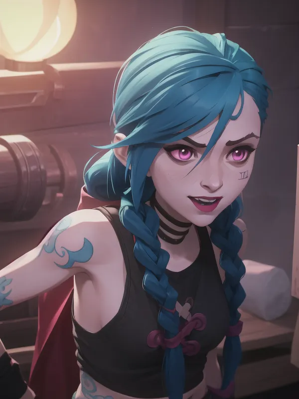 The image shows a young woman with blue hair and pink eyes. She is wearing a black tank top and a red cape. She has a confident expression on her face and is looking at the viewer with a slight smile. Her hair is tied back in two braids and she has a tattoo on her right arm. She is standing in a dark room with a lantern on the left side of the image.