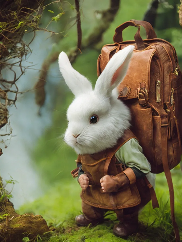 The image shows a small white rabbit wearing a brown leather backpack. The rabbit is standing on a green mossy forest floor, and there are green leaves and branches in the background. The rabbit has its front paws on its hips and is looking at the camera with a curious expression.