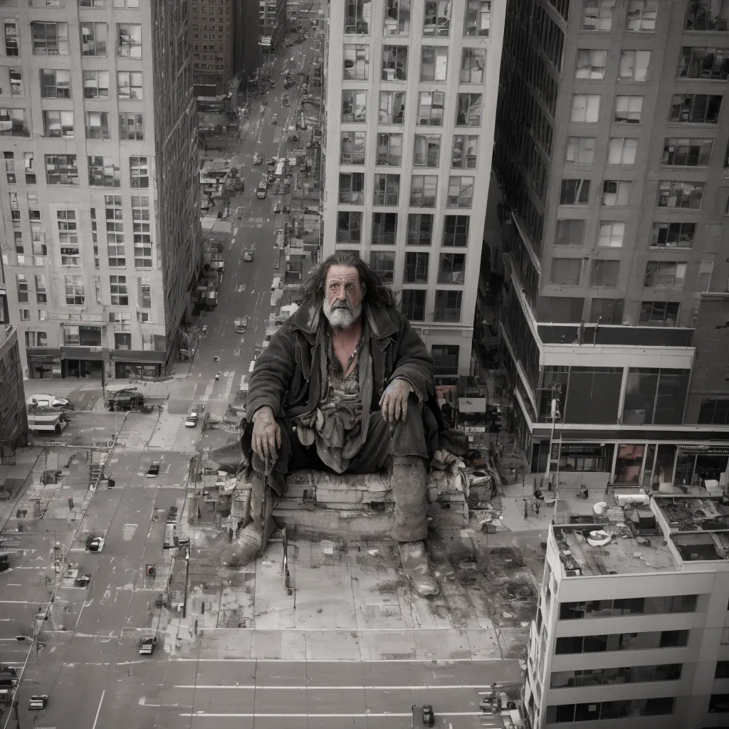 A imagem mostra um homem gigante sentado no topo de um prédio no meio de uma cidade movimentada. O homem está usando um casaco longo e um chapéu, e tem uma barba e cabelos longos. Ele está olhando para a rua abaixo, que está cheia de carros e pessoas. Os edifícios ao fundo são altos e imponentes, e o céu está embaçado. A imagem está em preto e branco e tem um ar um tanto distópico.