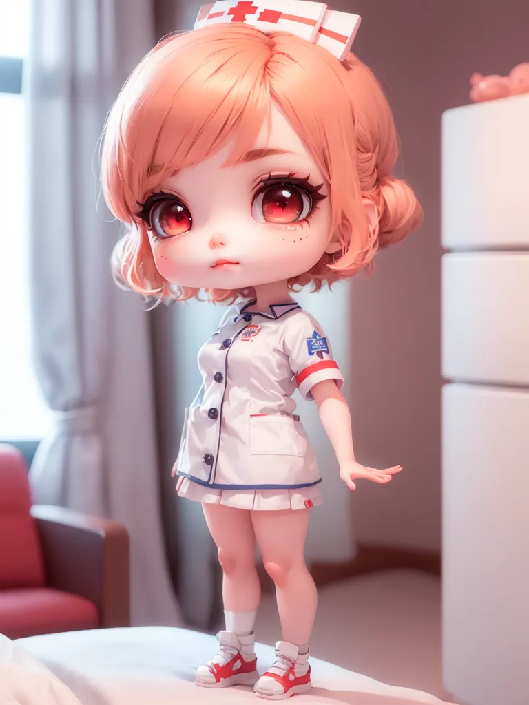 L'image montre un rendu 3D d'un personnage de style anime chibi. Elle a les cheveux orange et les yeux rouges, et porte une tenue d'infirmière blanche avec une croix rouge sur le chapeau. Elle se tient debout sur un lit blanc, et il y a un fauteuil rose et un réfrigérateur blanc en arrière-plan. L'image est rendue dans un style doux et réaliste, et le personnage est très mignon et attrayant.