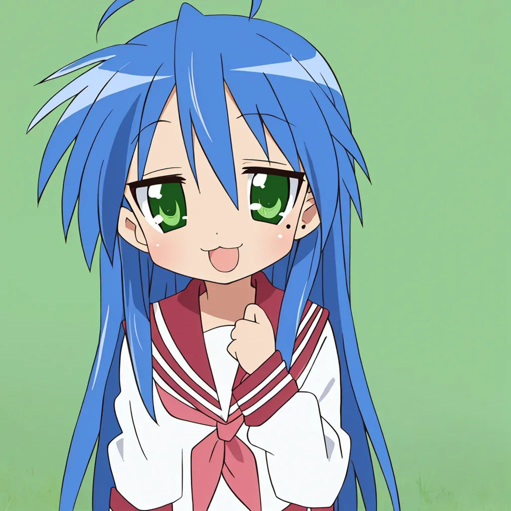 The image shows an anime-style girl with long blue hair and green eyes. She is wearing a white shirt with a red collar and a red bow. She has a happy expression on her face and is sticking her tongue out in a playful manner. She has a beauty mark on her left cheek. The background is a solid green color.