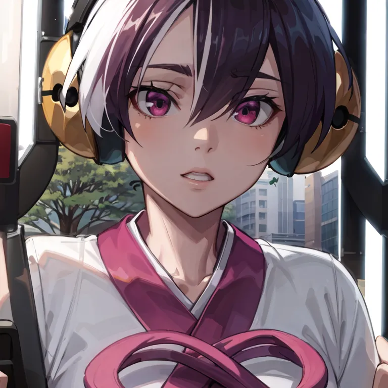 The image is a portrait of a young woman with short purple and white hair. She is wearing a white shirt and a pink ribbon. She has purple eyes and is wearing headphones. She is standing in front of a gate. There are trees and buildings in the background.