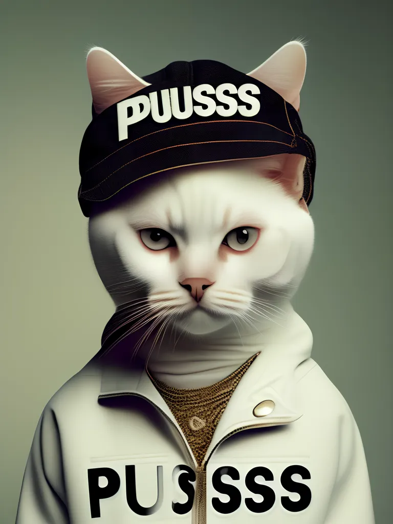 L'image montre un chat blanc portant une casquette noire et une veste blanche. La casquette porte le mot "PUSS" écrit en lettres blanches. La veste porte le même mot écrit en lettres noires. Le chat a une chaîne en or autour du cou. L'arrière-plan est de couleur vert clair.