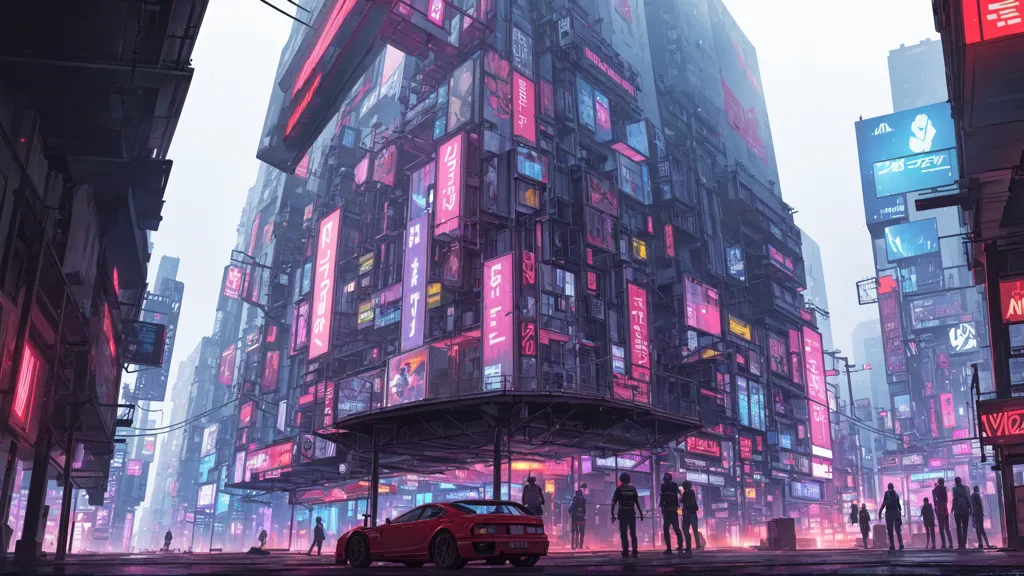 The image shows a busy street in a futuristic city. The street is lined with tall buildings, many of which are covered in neon signs. There are people walking on the street, and a red car is parked in the foreground. The sky is dark, and the city is lit up by the neon lights. There is a large building in the center of the image that has a large open area underneath it. There are several people standing around the area.