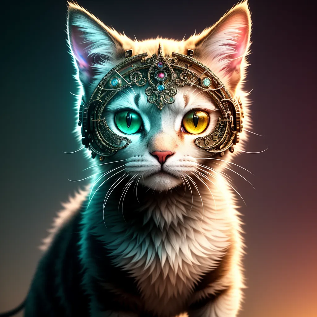 The image shows a white cat with blue and yellow eyes. The cat is wearing a golden headdress with jewels. The background is dark with a spotlight on the cat.