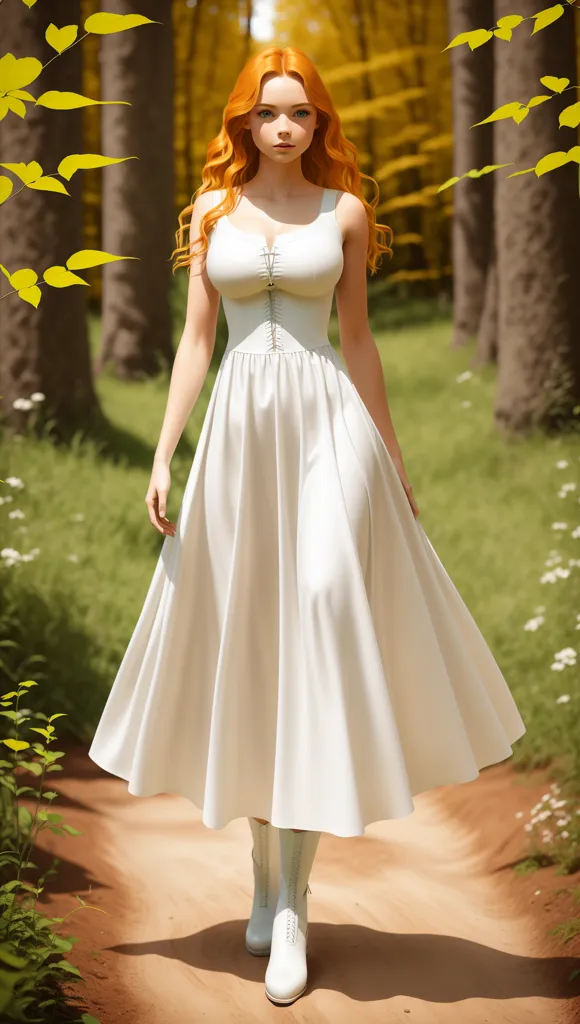 A imagem mostra uma bela mulher com longos cabelos vermelhos. Ela está usando um vestido branco com um corpete. O vestido tem uma saia ampla e é guarnecido com delicada renda. A mulher está em pé em uma floresta, rodeada por altas árvores e vegetação exuberante. O sol brilha intensamente, e a pele da mulher está radiante à luz do sol. Ela olha para a câmera com uma expressão serena em seu rosto.