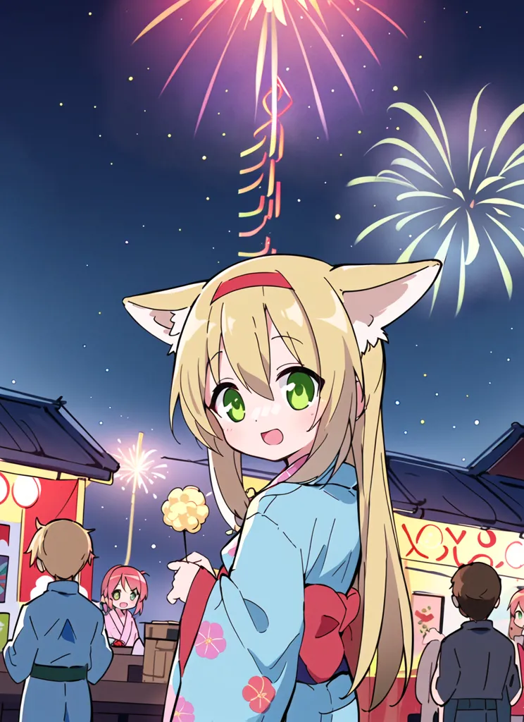 L'image est un dessin d'une jeune fille aux longs cheveux blonds et aux yeux verts. Elle a des oreilles de chat et porte un kimono bleu avec un obi rouge. Elle tient un sparkler et il y a des feux d'artifice en arrière-plan. Il y a aussi des gens en arrière-plan. La fille sourit et semble heureuse. L'image est dans un cadre traditionnel japonais.