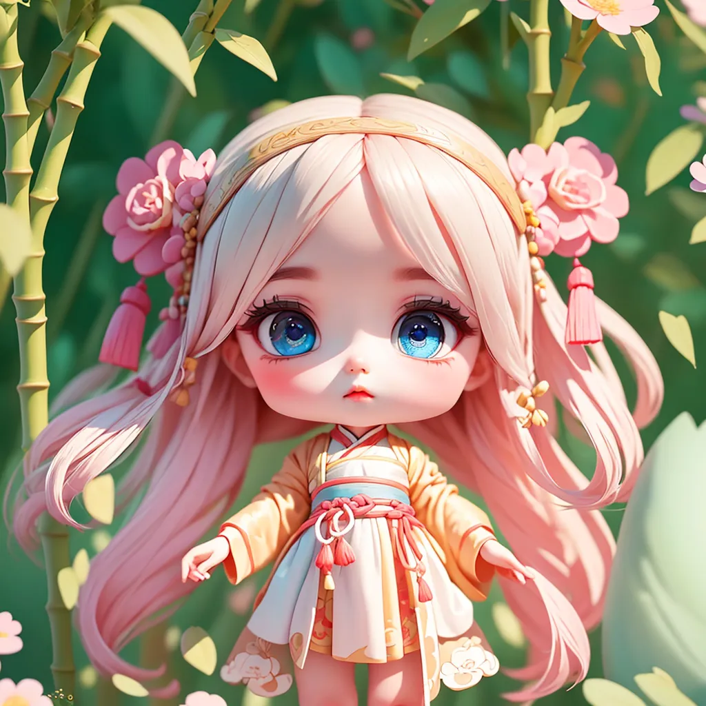 The image shows a cute anime girl with long pink hair and blue eyes. She is wearing a yellow and white kimono with pink and white flowers in her hair. She is standing in a bamboo forest and there are pink and white flowers on the ground. The background is a blur of green and pink.