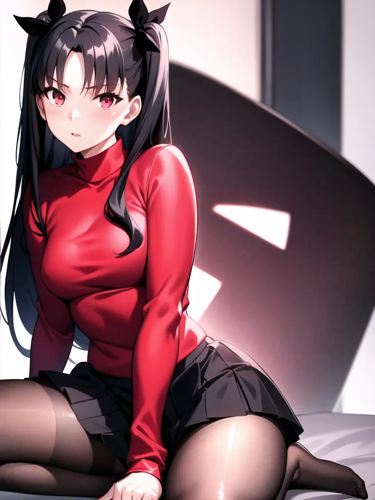 The image is a painting of a young woman with long black hair and red eyes. She is wearing a red turtleneck blouse and a black pleated skirt. She is sitting on a bed with her legs crossed and her hands resting on her thighs. She has a small smile on her face and is looking at the viewer. The background is a blur of light and dark colors.