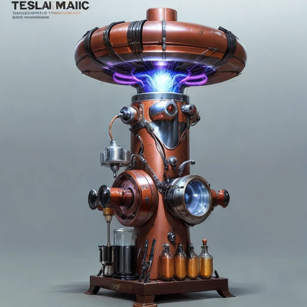 The image is of a steampunk-style Tesla coil. It has a large copper coil at the top, with a smaller coil below it. There are several glass tubes and other objects attached to the coil, and it is surrounded by a metal frame. The coil is giving off a blue electrical glow.