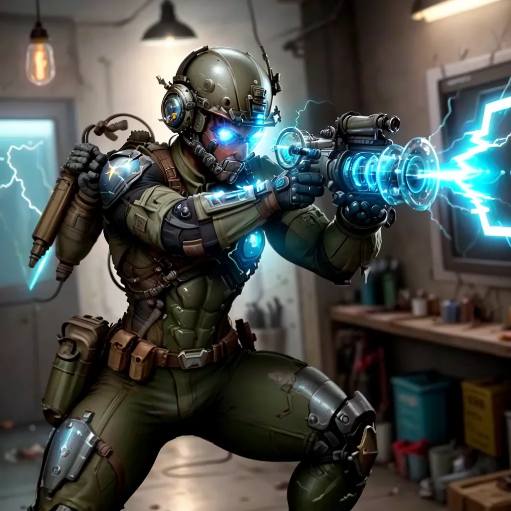 The image shows a soldier wearing a helmet and a mask. He is also wearing a military-style uniform that is green and black. The soldier is armed with a gun that is shooting a blue laser beam. He is in a room that looks like a laboratory. There are shelves and cabinets on the walls, and there is a large window in the background.