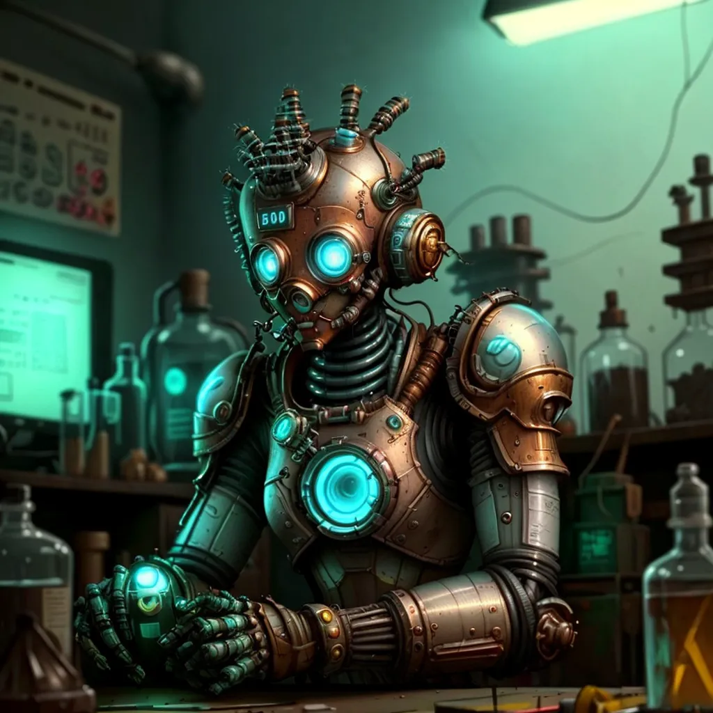 L'image montre un robot steampunk travaillant dans un laboratoire. Le robot est fait de métal et a une variété de gadgets et d'outils fixés à son corps. Il porte un masque et des lunettes, et ses yeux brillent en bleu. Le robot est entouré de béchers, de fioles et d'autres équipements de laboratoire. Il y a un ordinateur sur la table. Le robot tient un petit objet lumineux dans ses mains.