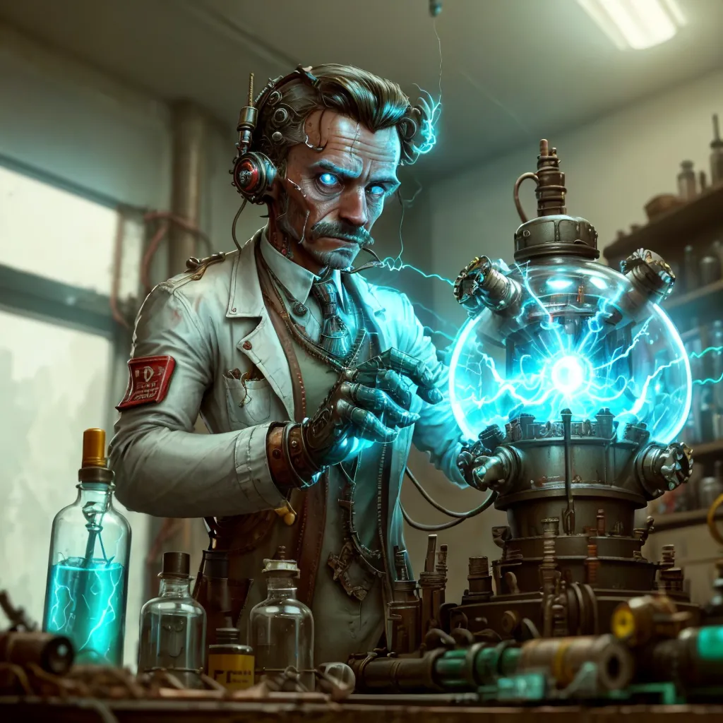 The image shows a steampunk scientist in a white lab coat with a red badge on his chest. He is wearing a headset with a microphone and has a pair of goggles on his head. He is surrounded by various scientific equipment, including a large machine with a glowing blue orb in the center. The scientist is holding a pair of wires that are connected to the orb. He has a serious expression on his face, as if he is concentrating on his work. The background of the image is a laboratory with shelves lined with books and beakers.