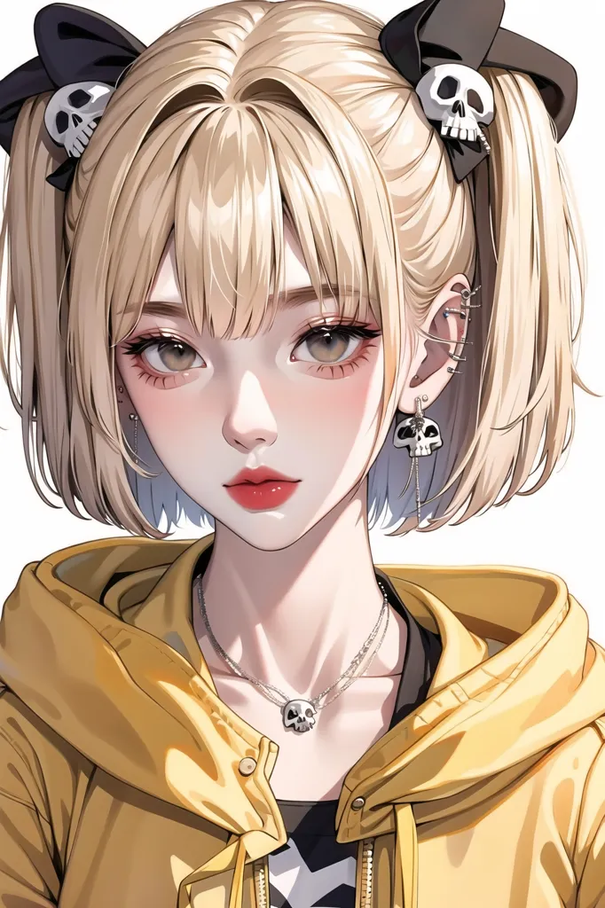 The image is a digital painting of a young woman with short blonde hair and brown eyes. The hair is tied in two ponytails with black bows. She is wearing a yellow hoodie with a white t-shirt. There is a skull necklace around her neck and skull earrings on her ears. The background is white.