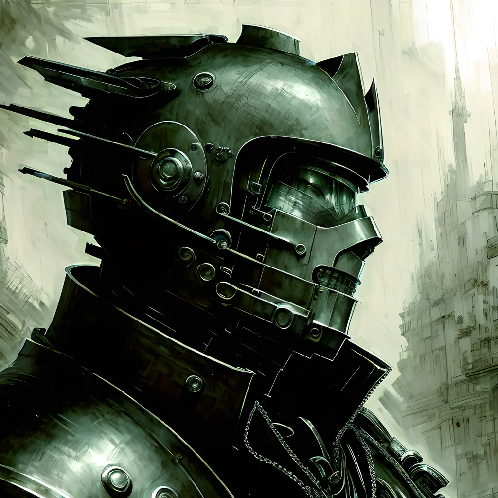 The image is a dark and detailed portrait of a steampunk knight. The knight is wearing a full suit of armor, including a helmet, breastplate, and pauldrons. The armor is made of a dark metal and is decorated with rivets and spikes. The helmet has a visor that is menutupi the knight's face. The knight is also wearing a chainmail scarf. The background of the image is a blur of light and dark colors.