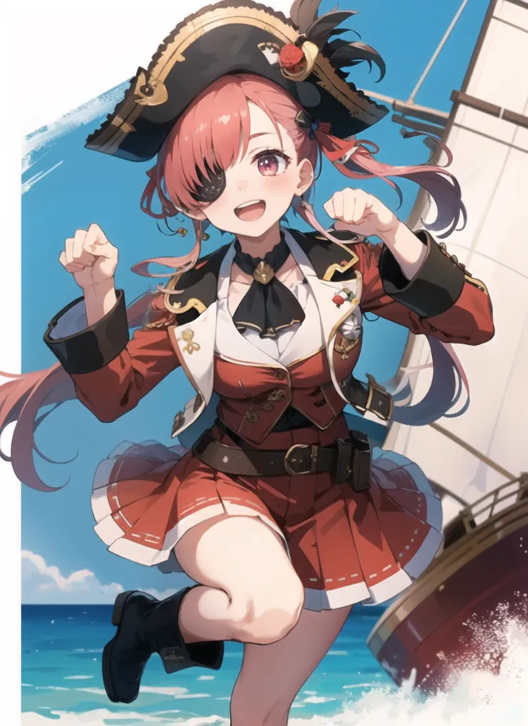 The image is of a young girl with pink hair and red eyes. She is wearing a pirate hat and a red and white striped shirt. She has a sword in her hand and is standing on a beach. There is a ship in the background. The girl is smiling and looks happy.