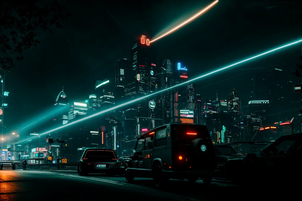 The image is a dark and moody cityscape. The city is full of tall buildings and bright lights. The lights from the buildings and cars create a colorful blur in the background. The image is full of contrast, with the bright lights and the dark shadows. The cars in the foreground are dark and mysterious, and they seem to be heading towards the viewer. The image is full of atmosphere and mystery, and it leaves the viewer wondering what is happening in the city.