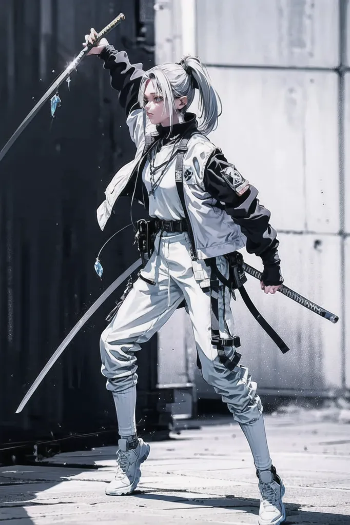 A young woman with long white hair and blue eyes is standing in a fighting stance. She is wearing a white jacket, black pants, and white sneakers. She is holding a sword in each hand. The swords are both long and thin, with curved blades. The woman's expression is serious and determined. She looks like she is ready to fight.