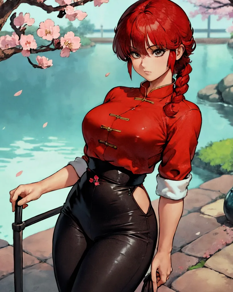 The image shows a woman with red hair and red eyes. She is wearing a red cheongsam with a high collar and black pants. The cheongsam is open at the sides, showing her hip. She is also wearing a black belt with a red flower on it. Her hair is braided and she has a pink flower in her hair. She is standing on a stone bridge in a garden. There are cherry blossoms on the trees in the background.