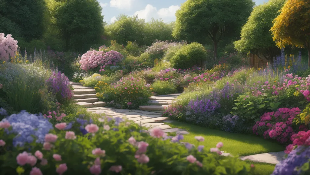 A imagem mostra um jardim com um caminho de pedra correndo pelo meio. O caminho é cercado por uma variedade de flores, incluindo rosas rosa e brancas, íris roxas e narcisos amarelos. As flores têm cores diferentes, o que cria uma cena bonita e vibrante. O jardim também está cheio de plantas e árvores verdes, que fornecem um pano de fundo exuberante e natural para as flores. O céu está azul e há algumas nuvens brancas ao fundo. O efeito geral é de beleza e tranquilidade.