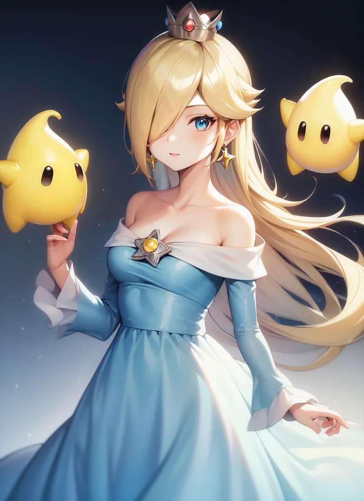 The image is of a young woman with long blonde hair and blue eyes. She is wearing a blue dress with a white collar and has a yellow star-shaped brooch on her chest. She is also wearing a crown with three yellow stars on it. She has two yellow star-shaped creatures with her, one on her shoulder and one in her hand. The background is a dark blue color.