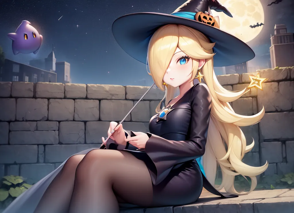 The image is of Rosalina from the Mario series. She is depicted as a witch, wearing a black dress with a purple sash and a large, pointed hat. She has long, flowing blonde hair and blue eyes. She is sitting on a stone wall in front of a large, full moon. There is a small, purple creature with her. Rosalina is holding a wand in her right hand. She is looking at the viewer with a slightly melancholic expression. The background is a night sky with stars and clouds.