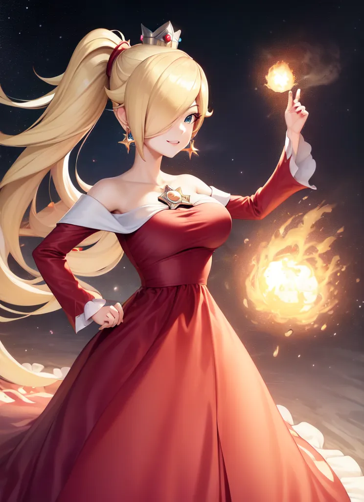 The image shows a young woman with long blonde hair and blue eyes. She is wearing a red dress with a white collar and a yellow crown. She is also wearing a necklace with a star-shaped pendant. She is standing in front of a dark blue background with a starry night sky. She is smiling and has her right hand raised with her index finger pointing forward. A ball of fire is floating above her open palm.