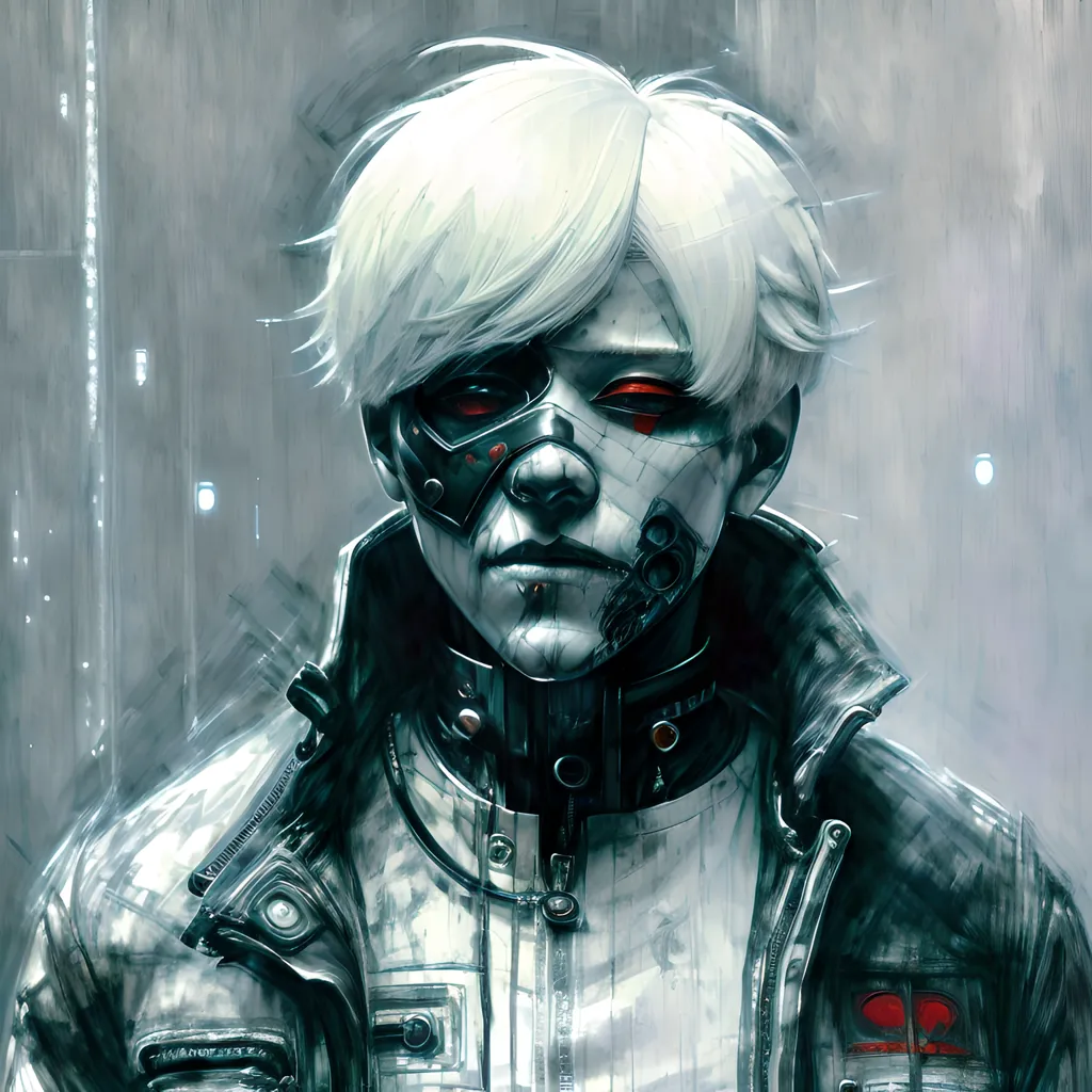 The image is a portrait of a young man with white hair and red eyes. He is wearing a black leather jacket and a white shirt. His face is partially covered by a mask, and his right eye is glowing red. The background is a dark, rainy cityscape. The man's expression is one of defiance and determination. He seems to be ready to face whatever challenges come his way.