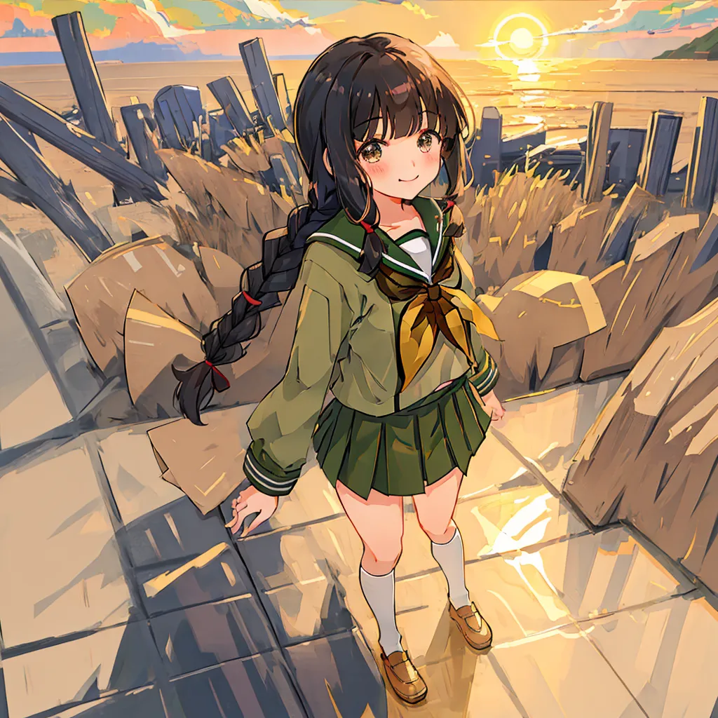 The image is a painting of a young girl with long black hair and brown eyes. She is wearing a green skirt and a white blouse. She is standing on a wooden dock and looking at the viewer with a smile on her face. The background is a sunset over the ocean. The painting is done in a realistic style and the colors are vibrant and lifelike.