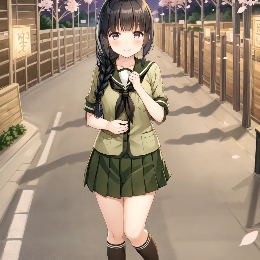 The image shows a young girl with long black hair braided down her back. She is wearing a green skirt, a white blouse, and a dark green blazer. She is standing in a street with traditional Japanese architecture. There are wooden fences with paper lanterns on both sides of the street. The girl is smiling.