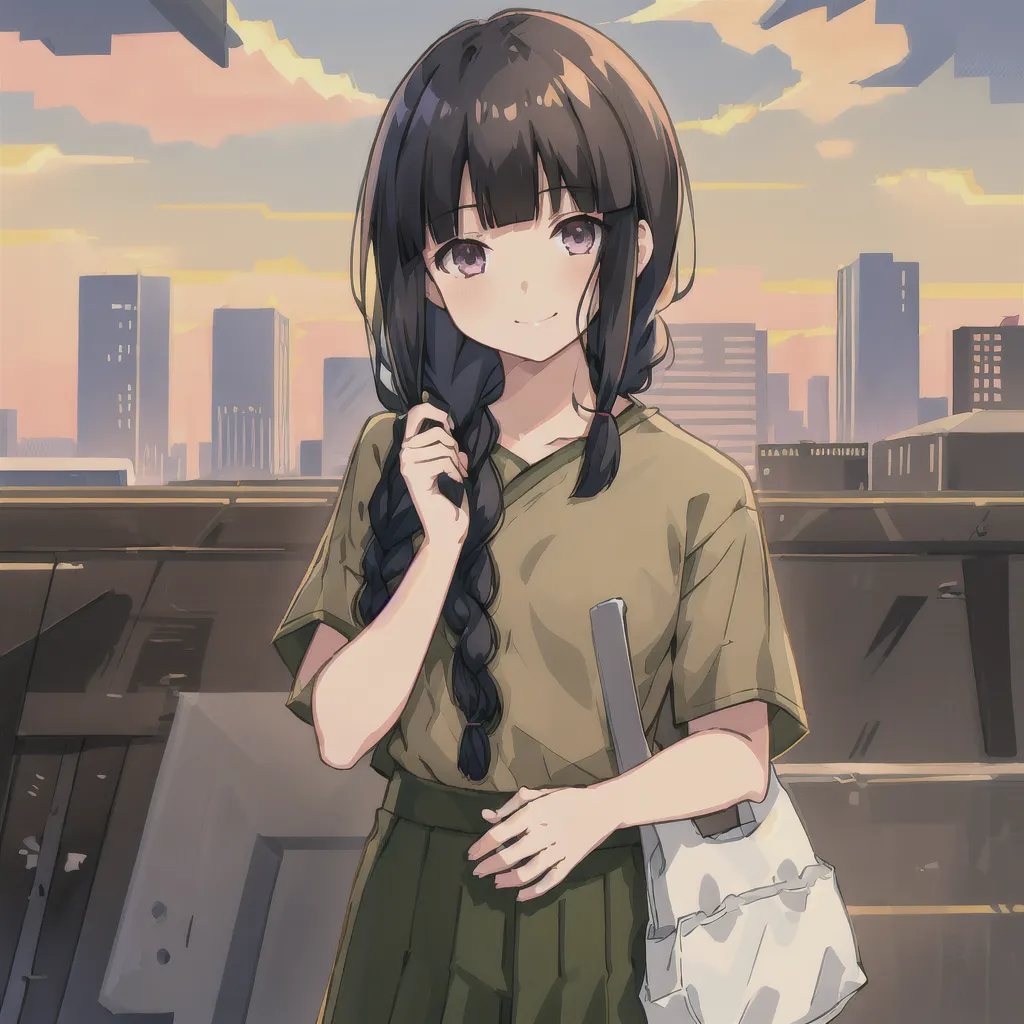 The image is an anime-style drawing of a young girl with long black hair and purple eyes. She is wearing a green t-shirt, a pleated skirt, and a white bag. She is standing on a rooftop with a cityscape in the background. The sky is a gradient of orange and yellow. The girl is smiling and has a gentle expression on her face.