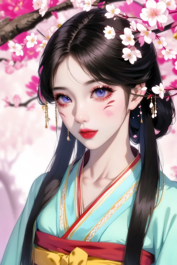 The image is a painting of a young woman with long black hair and blue eyes. She is wearing a traditional Chinese dress with a white and pink outer robe and a red inner robe. The woman is standing in a forest of cherry blossoms, and there are cherry blossoms in her hair. The background is a blur of cherry blossoms. The painting is done in a realistic style, and the woman's expression is serene.