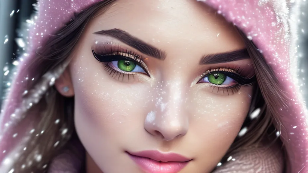 L'image montre une jeune femme portant un bonnet d'hiver rose avec ses cheveux s'écoulant de dessous. L'accent est mis sur son visage, légèrement tourné vers la droite. Elle a des yeux verts, de longs cils noirs et des sourcils foncés. Ses lèvres sont légèrement entrouvertes et elle a un sourire doux sur le visage. Il y a un flocon de neige sur sa joue droite. L'arrière-plan est flou et hors de focus, avec quelques flocons de neige qui tombent.