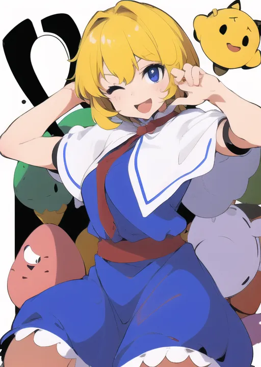 The image is of a blonde girl in a blue dress. She has a yellow ribbon in her hair and a red sash around her waist. She is sitting on a white cloud and is surrounded by colorful creatures. The girl has her right hand up near her head and is winking with her left eye. She is smiling and looks happy. The creatures around her are various shapes and sizes and have different facial expressions. The image is drawn in a cartoon style and is very colorful.