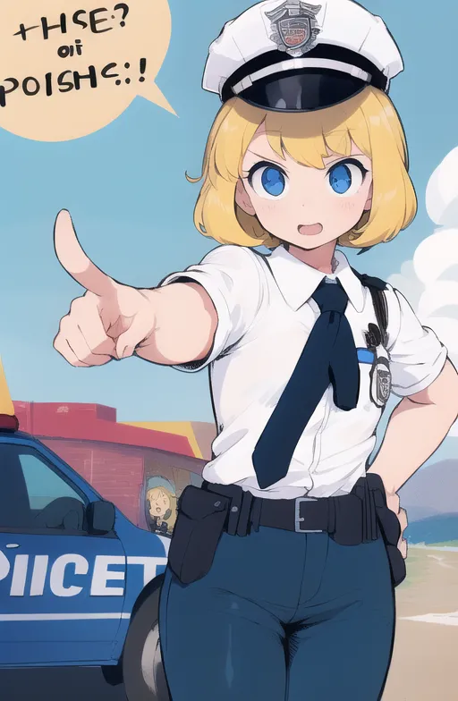 A imagem mostra uma garota de estilo anime com cabelos loiros e olhos azuis. Ela está usando um uniforme de polícia com uma camisa branca, gravata azul e calças pretas. Ela também está usando um quepe de polícia com um emblema. Ela está apontando o dedo indicador direito para a frente, olhando para o espectador com uma expressão severa. Há um balão de fala ao lado de sua cabeça que diz "ESTES? ou POISH!!". Há um carro de polícia com a palavra "POLÍCIA" na porta lateral em segundo plano.