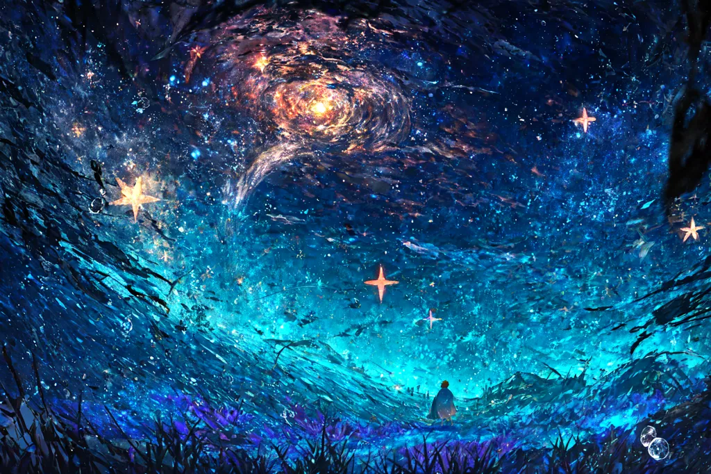 The image is very beautiful. It shows a night sky full of stars and a bright shining galaxy. There is a dark silhouette of a person standing in a field of flowers, looking up at the sky in wonder. The colors of the image are vibrant and saturated, and the overall effect is one of beauty and mystery.