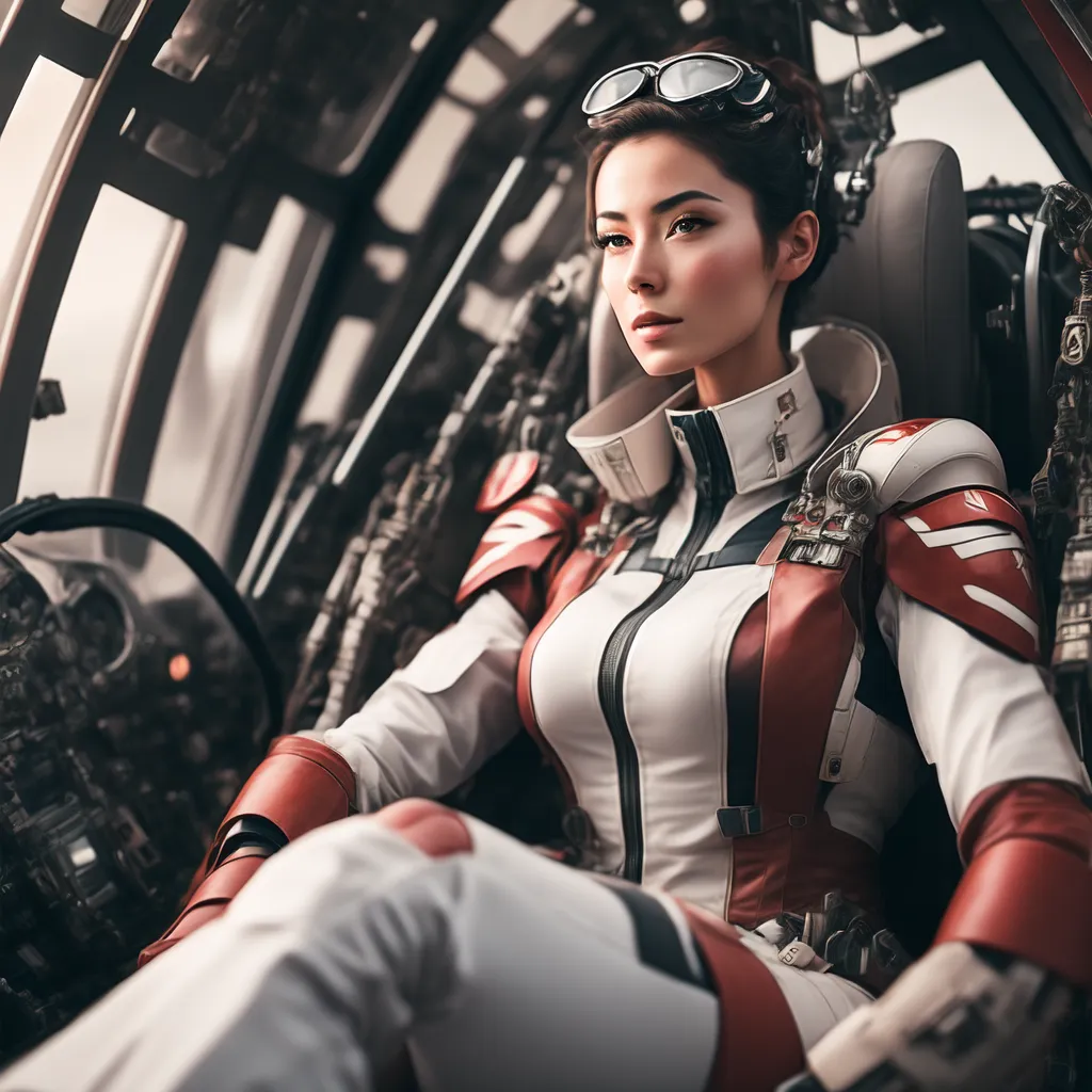 The image shows a young woman sitting in the cockpit of a spaceship. She is wearing a white and red spacesuit and has her hair tied back in a ponytail. She is looking out the window of the spaceship, which is showing a view of a planet. The woman is sitting in a relaxed position and has a confident expression on her face.