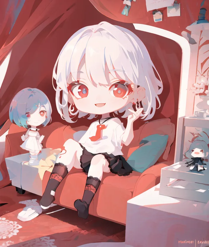 The image is of a chibi character sitting on a couch. The chibi character has white hair and red eyes, and is wearing a white shirt, black shorts, and black stockings. She is sitting on a red couch, with a blue and white striped pillow behind her. There is a small doll sitting on the couch next to her. The doll has blue hair and blue eyes, and is wearing a white dress. There is a picture on the wall behind the couch. The image is drawn in a chibi style, with simple lines and bright colors.