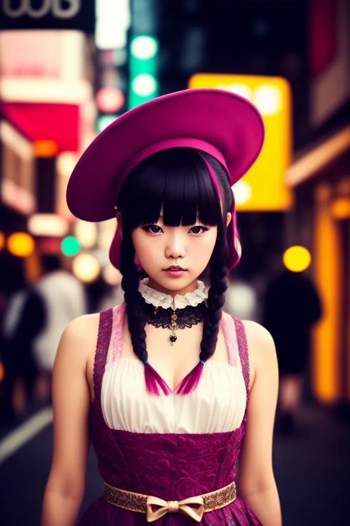 This is an image of a young woman, possibly in her late teens or early twenties, with long black hair, wearing a purple hat, a white and pink dress, and a black choker. She is standing in an urban setting, with blurred lights in the background. The woman has a serious expression on her face and is looking directly at the viewer.